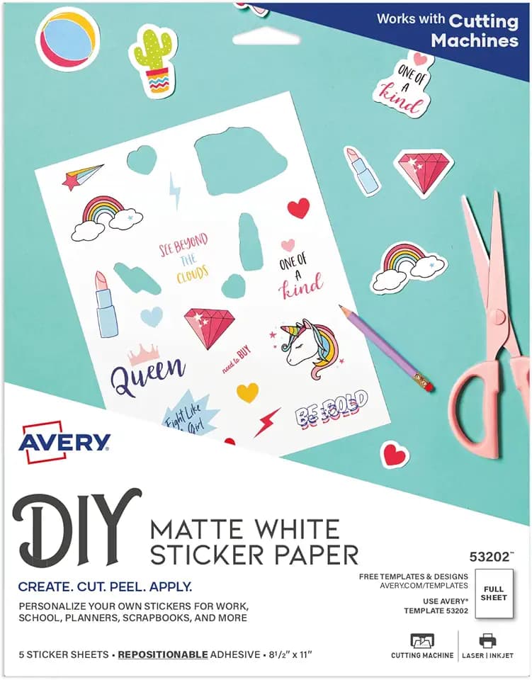 Avery Printable Sticker Paper, 8.5" x 11", Matte White, Repositionable Adhesive, Laser/Inkjet Compatible, 5 Full-Size Label Sheets, Great for Product Branding, Cute Stickers, Crafts, and More (53202)