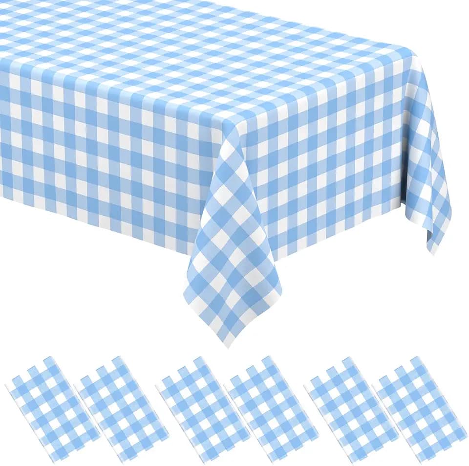 6 Pack Light Blue Gingham Tablecloth Rectangular Pale Blue and White Checkered Tablecloths Disposable Plastic Plaid Table Cover for Parties, Outdoor Picnic, Birthday, Wedding, Camping 54 × 108 Inch