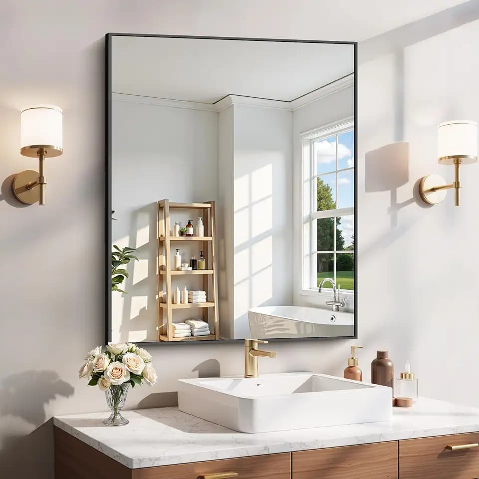 YIROMAN Bathroom Mirror 30"x36", Matte Black Bathroom Mirror for Over Sink with Aluminum Frame, Rectangular Vanity Mirror with Right Angle, Wall Mirror Hangs Horizontal or Vertical, Shatterproof