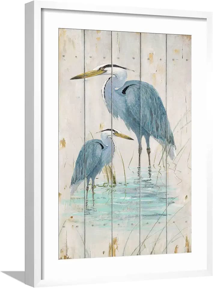 ART.COM Framed Wall Art Prints Blue Heron Duo by Arnie Fisk, Animals Decor, 16" x 24", White Frame with White Mat