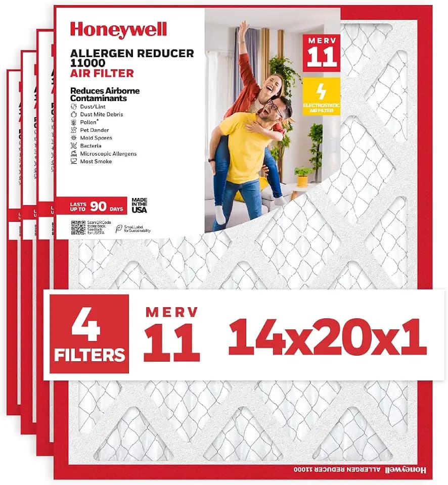 Honeywell 14x20x1 MERV 11 Allergen Reducer 11000 Electrostatic Pleated HVAC AC Furnace Air Filter (4-Pack) | Replacement Filter for Home Use | Made in USA