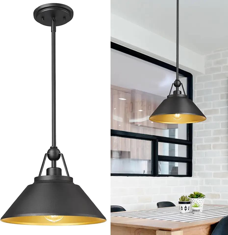 Barn Pendant Light Fixture, HWH 1-Light Hanging Lighting 12-Inch, Industrial Pendant Lights for Kitchen Island Farmhouse Dinning Room, Black and Gold Finish, 5HYS89MIL BK