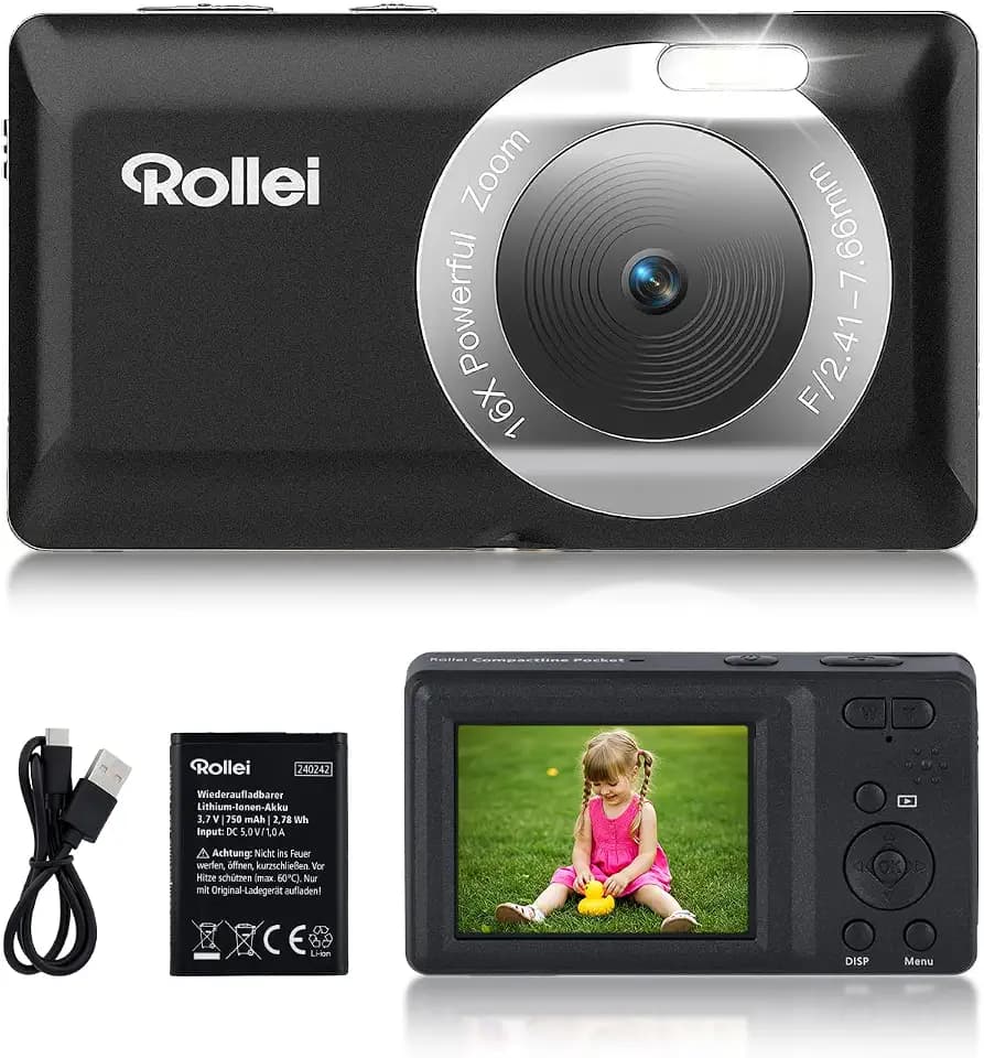 Rollei Compactline Pocket Digitalkamera Schwarz, 50MP 2,7K Fotokamera mit 16-Facher Digital Zoom Tragbare Fotoapparat mit 2.4" Display Leichte Kompaktkamera für Kinder Teenager Student Anfänger