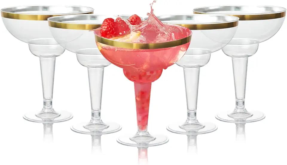 MATANA 12 Plastic Margarita Glasses Disposable Cups or Reusable (Gold Rim) 12 oz Margarita Cups for Parties, Wedding, Birthday, Cocktail & Martini