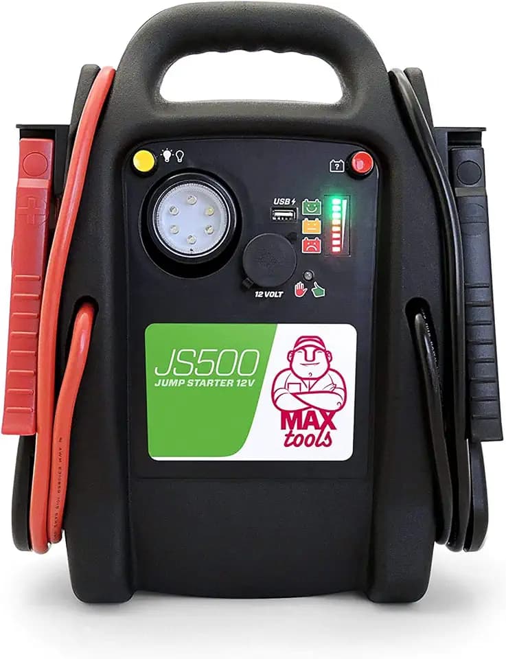 MAXTOOLS JS500 2200A 22Ah, UltraSafe Starthilfe Powerbank, für Autos und Transporter, für 12V Diesel und Benzinmotoren, Jumpstarter mit LED-Licht, USB-Anschluss und Starthilfekabel