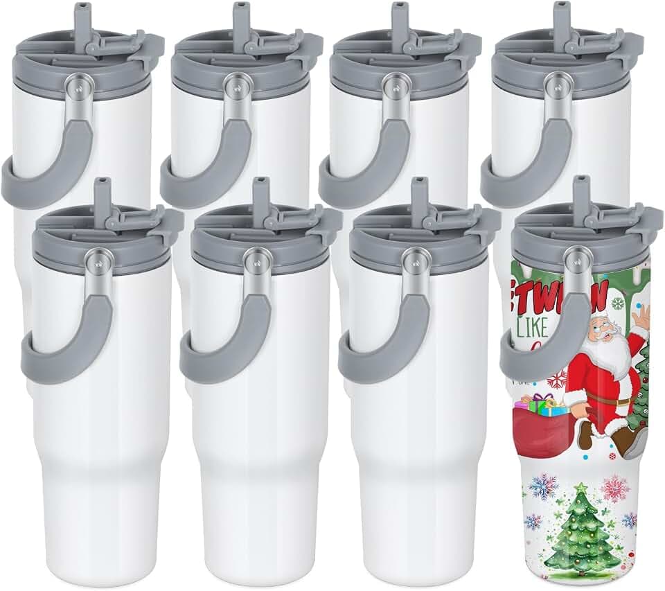 8 Pack 30oz Sublimation Tumbler with Handle, Sublimation Flip Straw Tumbler with Portable 2-in-1 Lid, Stainless Steel Insulated Water Bottle, Leak Proof Travel Coffee Mug Cup for Home, Outdoor or Car