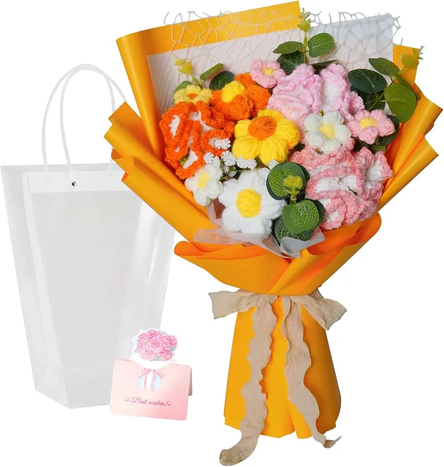 PrecisionAuto Handmade Crochet Flower Bouquet with Gift Bag & Card, Everlasting Knitted Carnation Arrangement for Home Decor, Ideal for Mother's Day, Birthday, Graduation, Orange