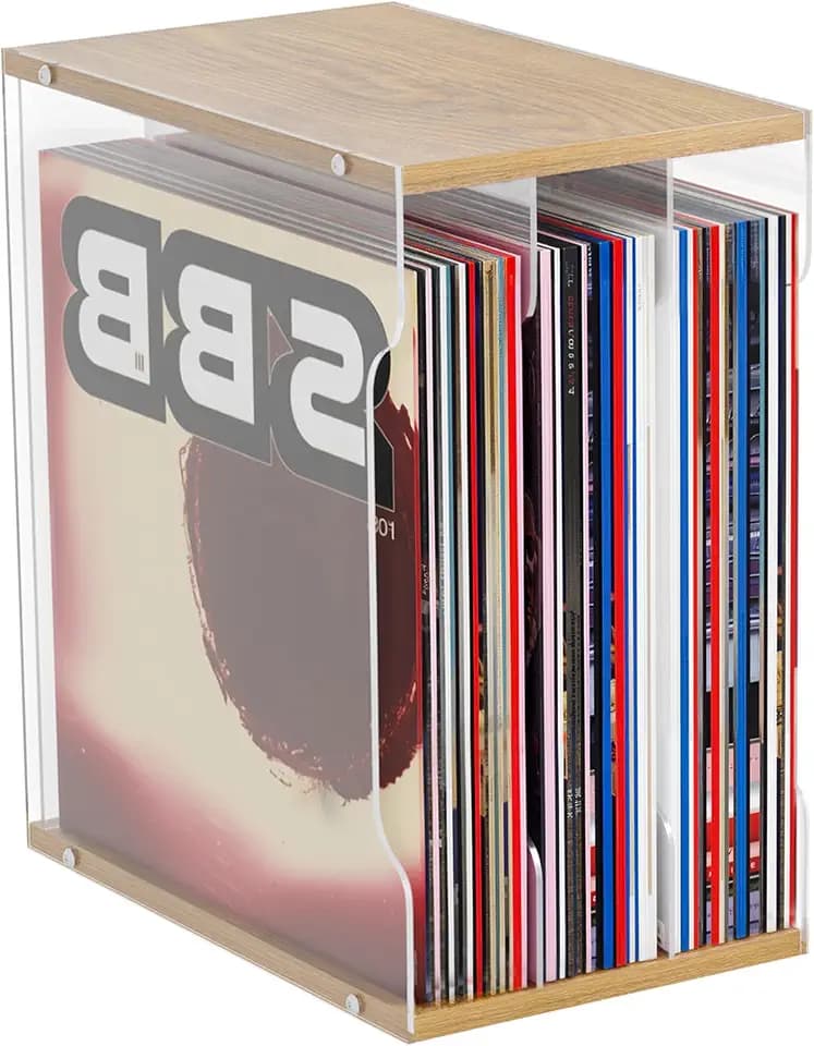 Now Playing Vinyl Record Stand,Record Stand Display Record Cube Storage,3-square grid Wood Rustic Vintage Style hold up 60 Records(12IN) (Natural, 8.15X13 INCH)