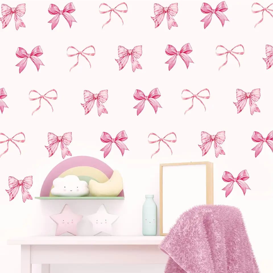 Whaline 12 Sheets Trendy Pink Bow Wall Stickers Light Pink Bow Knot Wall Decals Watercolor Room Mural Stickers for Nursery Bedroom Kindergarten Girls Coquette Party, 7.9 x 11.8 Inch