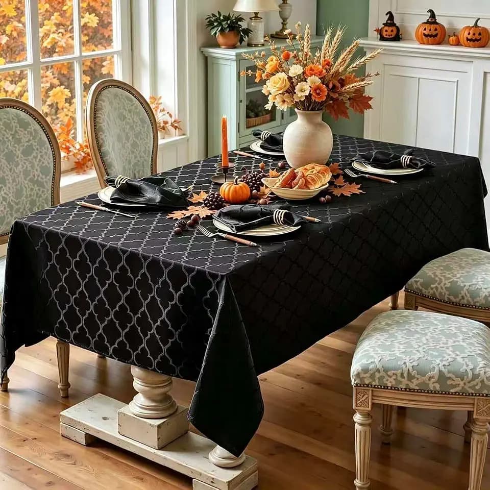 Larponder Fall Black Halloween Tablecloth Rectangle, Jacquard, 60" x 84"