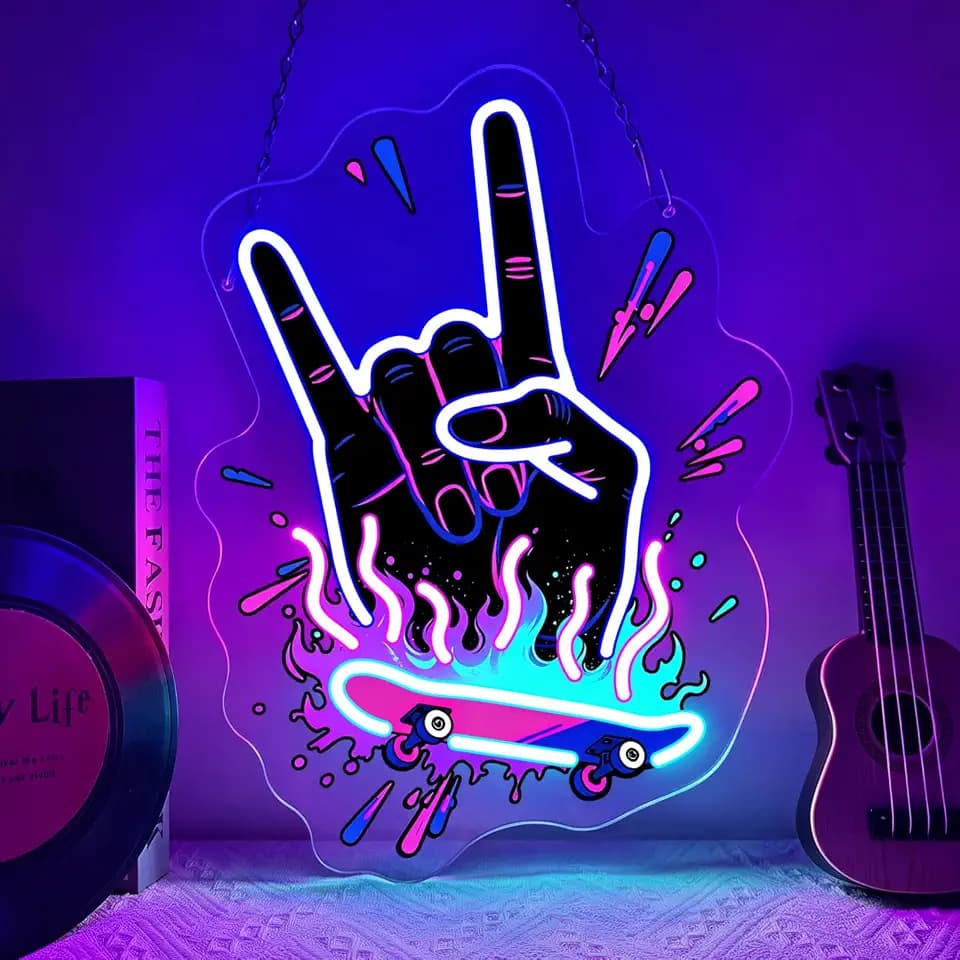Rock Hand Neon Sign, Cool LED Neon Wall Art with Rock, Dimmable Lighted & Neon Signs Light Up Decor for Music Room, Game Room, rocks enroll, live music Bar, Bedroom, Man Cave and Entertainment Space
