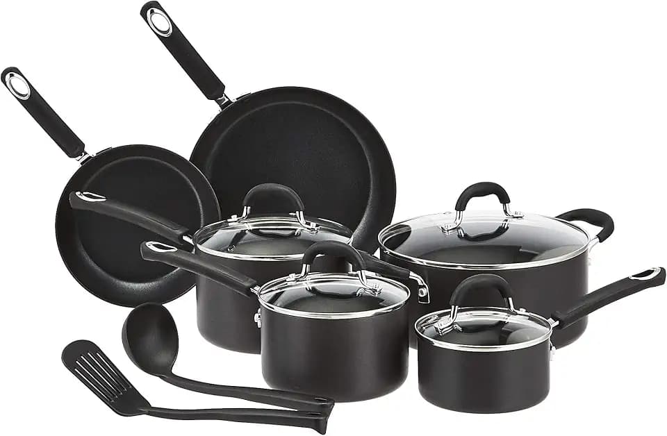 Amazon Basics Non-Stick Cookware Set, Pots and Pans with Lids, Hard Anodized Aluminum, Dishwasher Safe, Oven Safe, Black, 12-Piece