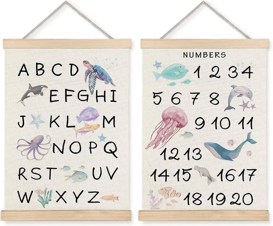Supwhd Ocean Nursery Decor, Alphabet Numbers Ocean Animals Poster Hanger Frame, Sea Animals ABC 123 Educational Wall Decor for Nursery Kids Room Playroom Classroom Homeschool, 12x16 Set of 2