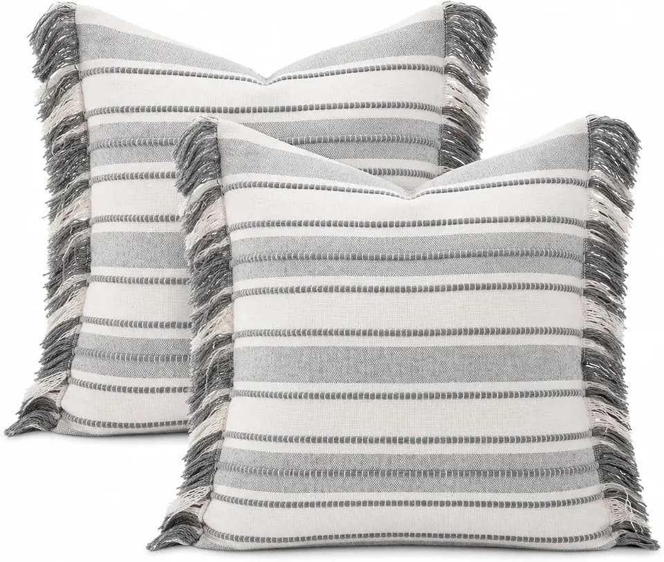 Spring Throw Pillow Covers 18x18 Set of 2, Striped Pillow Covers with Tassel Boho Cushion Cover Cotton Decorative Square Pillowcase for Sofa Couch Bed Living Room Neutral Decor, Grey
