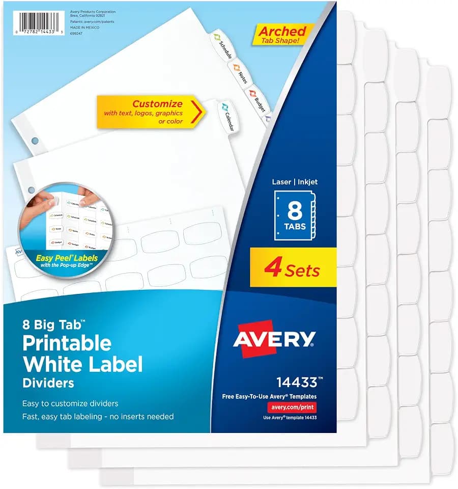 Avery Big Tab™ Printable Label Dividers, 8-Tab, White, 4 Sets