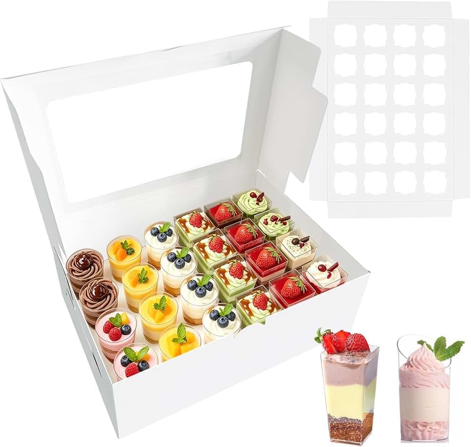 4 Pack Dessert Shooter Boxes for 24 Count 3 oz Dessert Shooters, Food Safe Pudding Cups Carrier Storage Containers with Window and Inserts for Events, Weddings & Home Use
