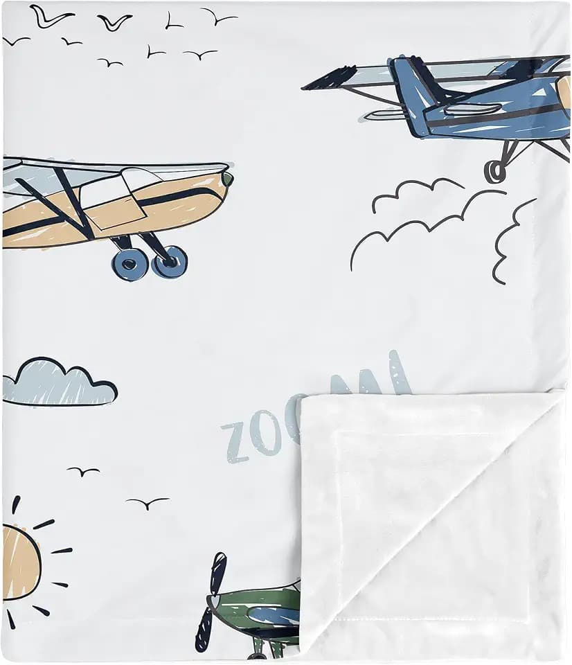 Sweet Jojo Designs Vintage Airplane Boy Soft Baby Blanket Receiving Security Stroller Swaddle Toddler Newborn Infant Kids Travel Warm Minky Grey Green Blue White Yellow Airplanes Plane Transportation