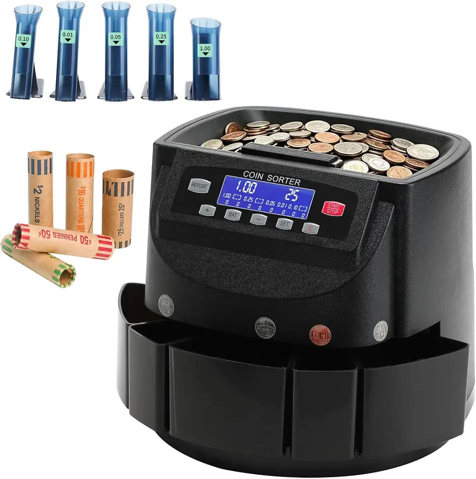 Coin Counter 270 Coins/Min 300-Coin Capacity, USD Coin Sorter and Wrapper Machine with LCD Display, Automatic Change Counter for 1¢ 5¢ 10¢ 25¢ $1, Includes 5 Coin Bins, 5 Tubes & 5 Wrappers