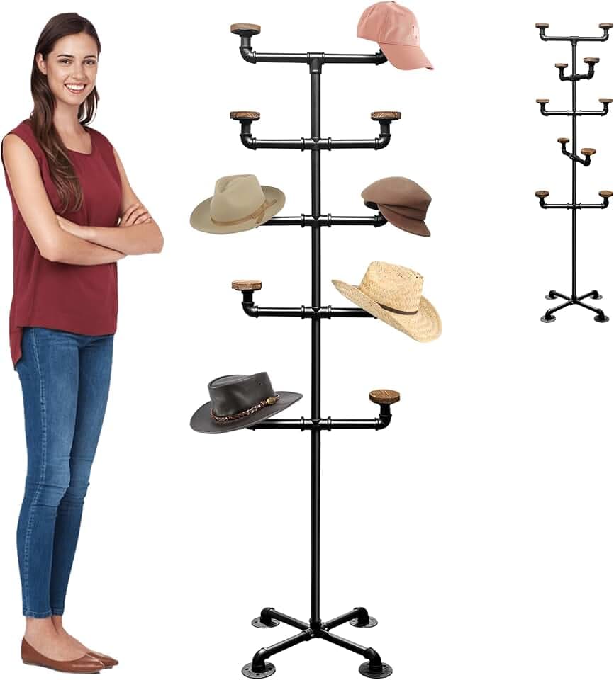 Montex Hat Rack Stand, Metal Hat Display Rack, Standing Hat Rack with 10 Hooks, Pipework Hat Stands for Hanging Hats and Wigs,Black