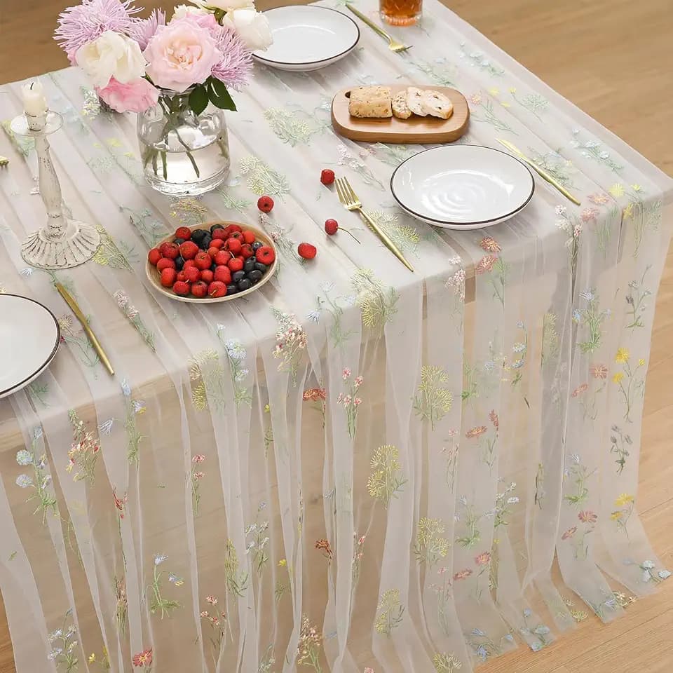 Horaldaily Embroidery Flower White Tablecloth 60×84 Inch Rectangular