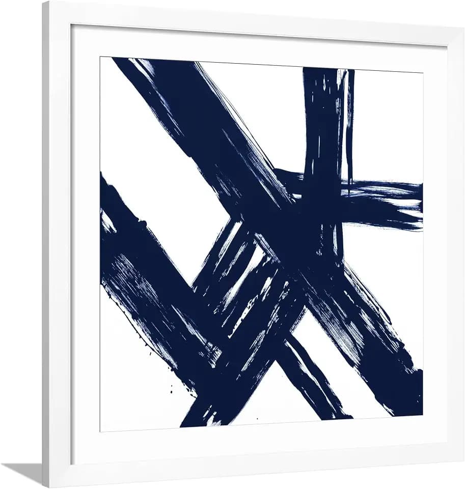 ART.COM Framed Wall Art Prints Strokes in Navy I by Megan Morris, Abstract Decor, 30" x 30", White Frame with White Mat