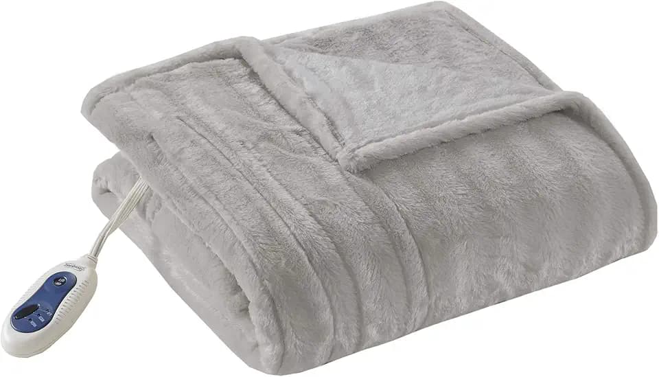 Beautyrest Duke Blanket Luxury Oversize Electric Throw Premium Soft Cozy Brushed Long Faux Fur for Bed, Couch with 3 Heat Setting Controller, Auto Shut-Off Function, Grey, 50 in x 70 in