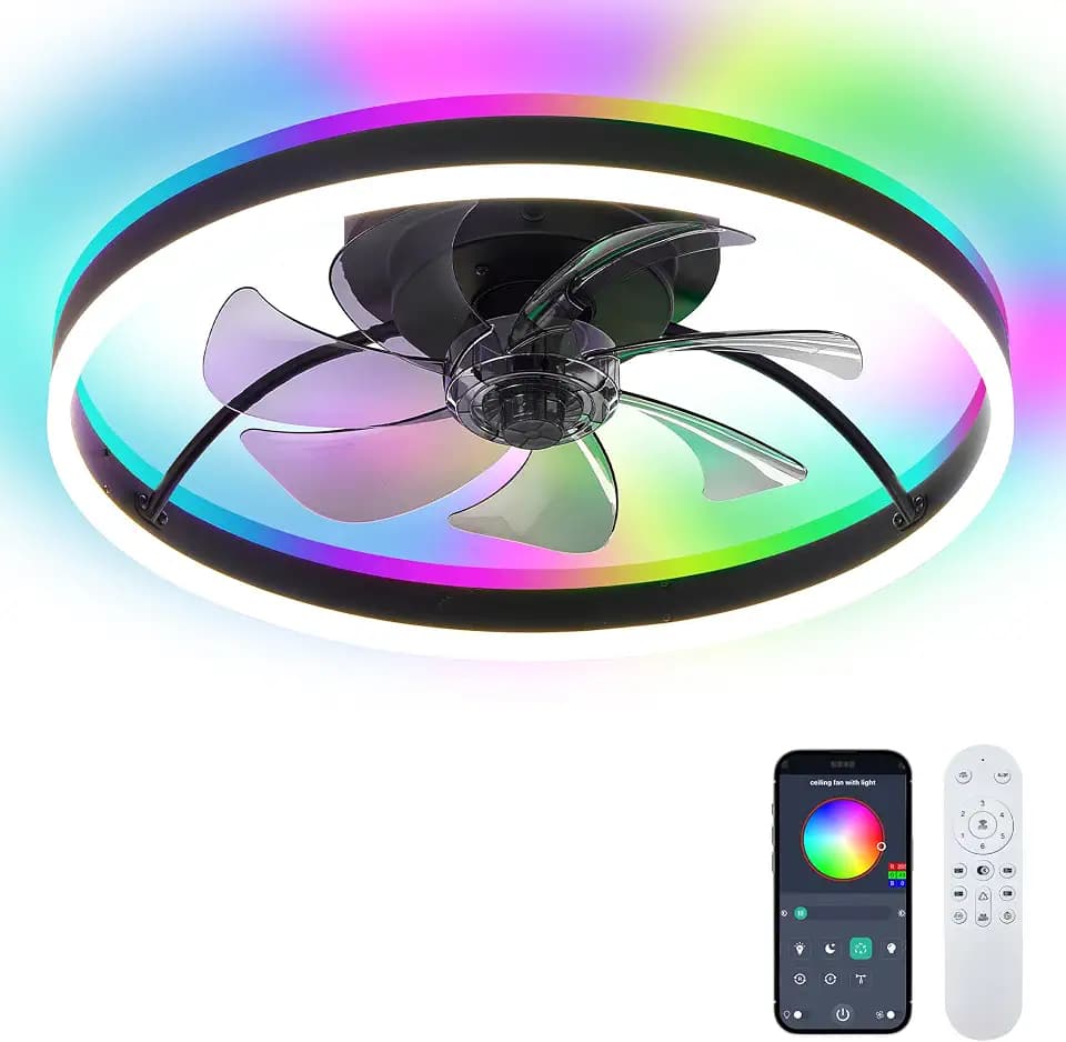 DIAMONDFORGE Smart Ceiling Fans with RGB Lights Remote - 20'' Flush Mount Low Profile Modern Ceiling Fans for Bedroom - Stepless Color Temperature and 6 Speeds