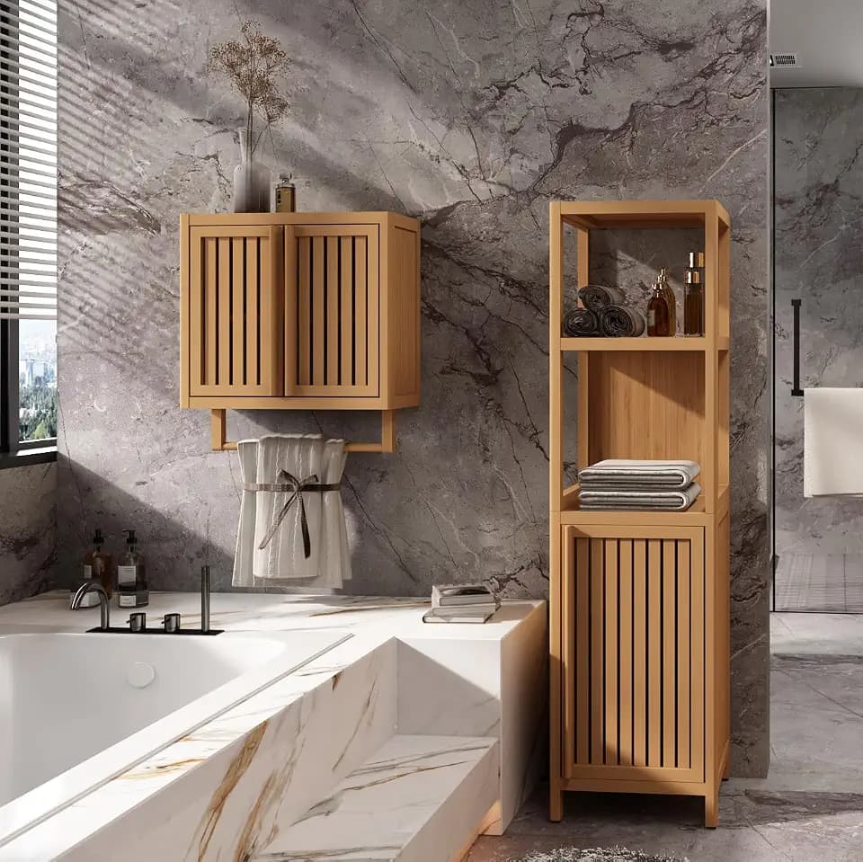 Ball & Cast Bamboo Storage-Cabinet, Bathroom Freestanding Cabinet with Slat Door & 2 Shelves,Multi-Purpose Bamboo-Floor Organizer for Entryway Living Kitchen Entryway, Natural