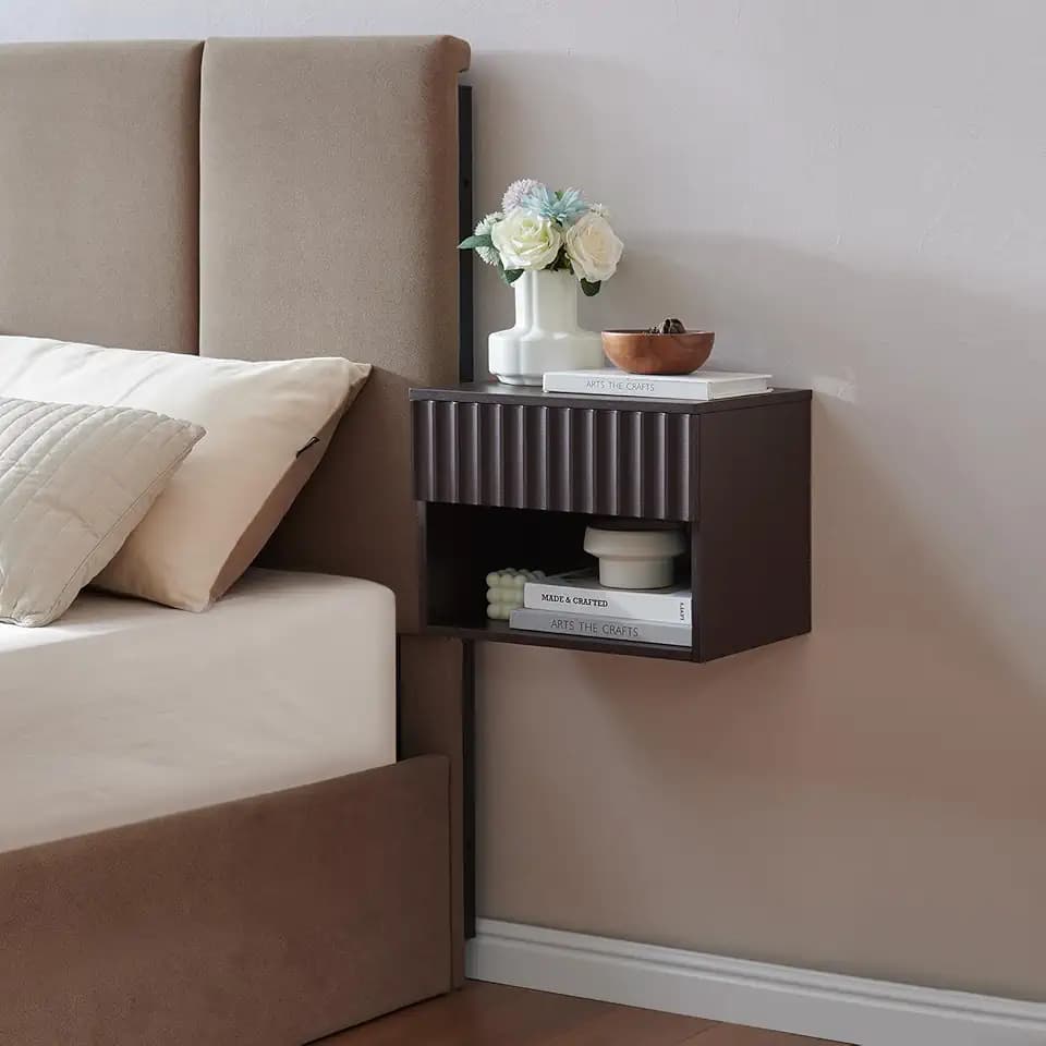 BuildHom Floating Nightstand with Fluted Drawer, Bedside Table