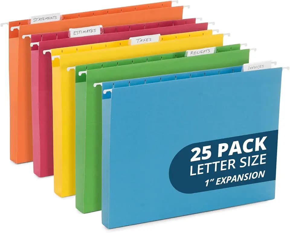Blue Summit Supplies 25 Expandable Hanging File Folders, 1", Assorted