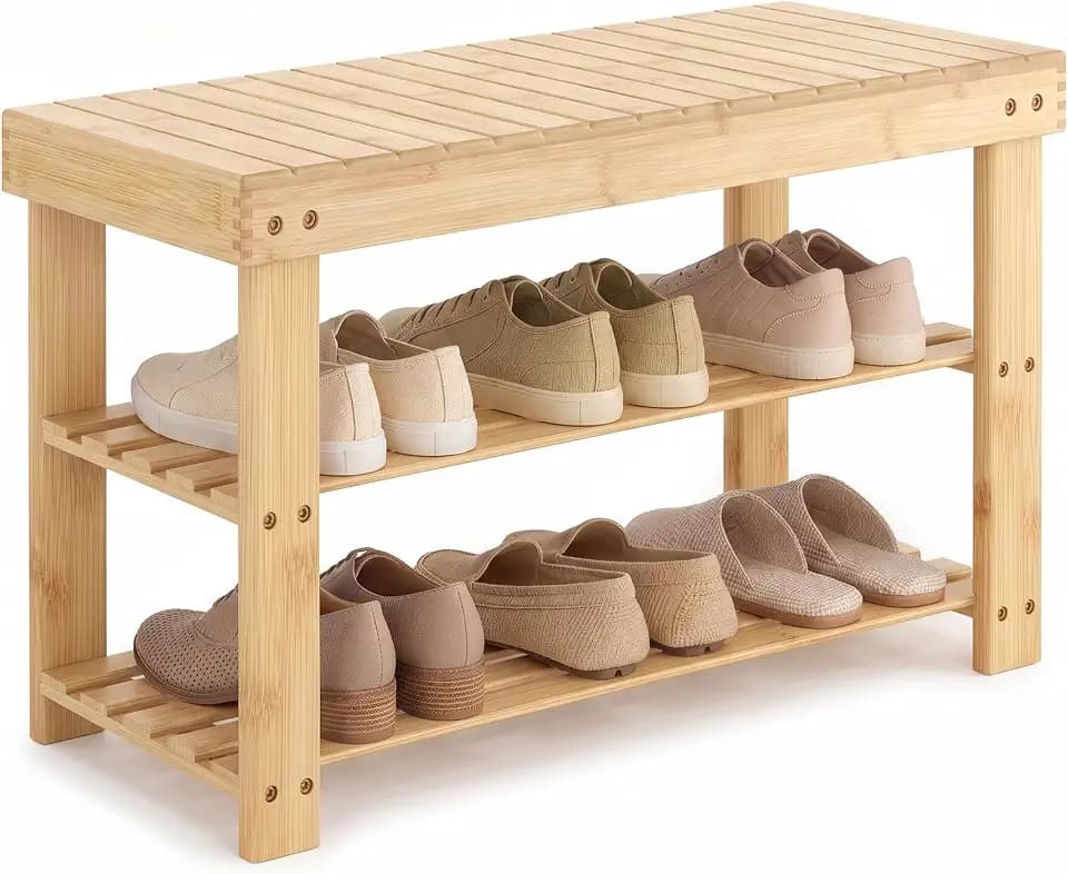 NEWBULIG Shoe Rack Bench, 3-Tier Bamboo Shoe Organizer, Wooden Entryway Storage Bench, 286 lb Load Capacity, 11.2x27.6x17.9 Inches, for Entryway Bathroom Bedroom Balcony, Wood