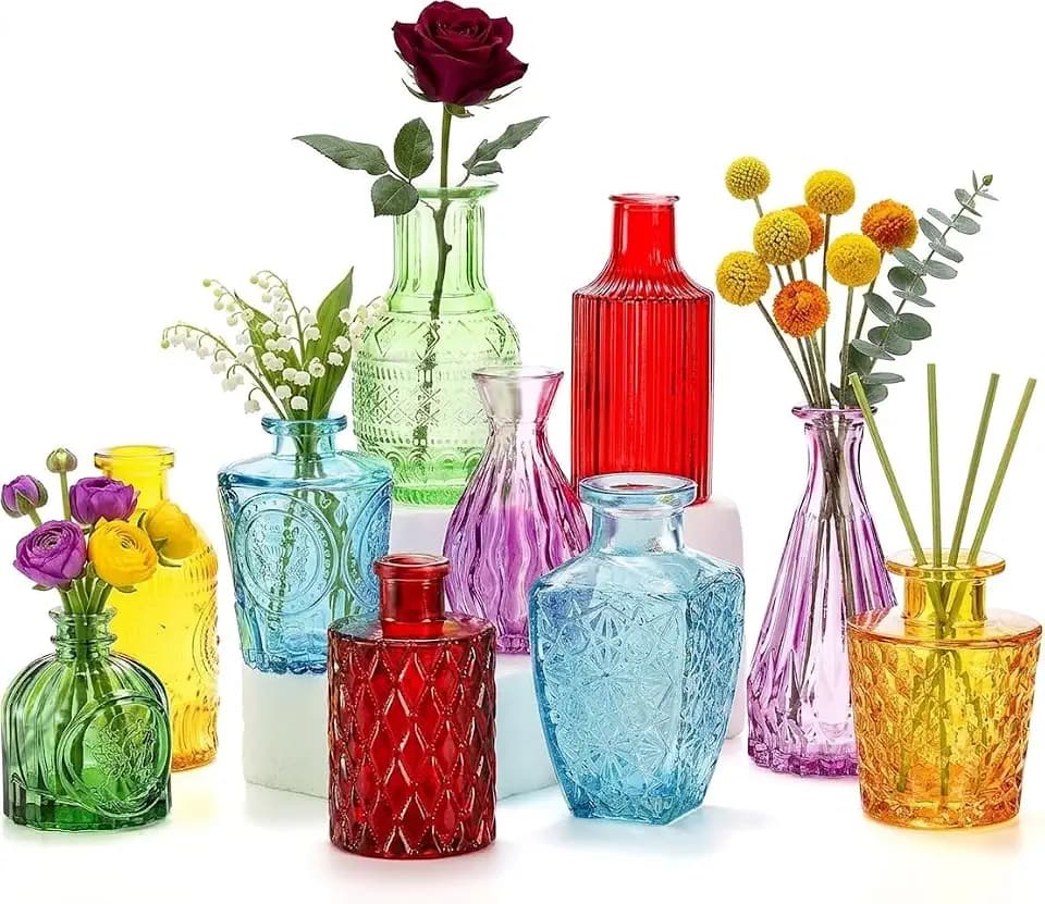 Coloch Set of 10 Colored Bud Vases, Assorted Small Glass Flower Vases Vintage Carved Floral Vase Single Bud Vase in Bulk for Centerpieces, Parties, Wedding Decoration, Office, Home