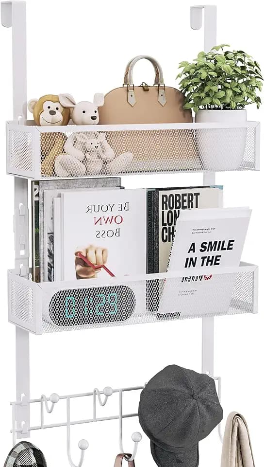 Consumest Over The Door Hooks Organizer - 3 Tier Door Hanger with 9 Coat Hooks & 2 Mesh Basket, Back Storage Organizer Hanging Towels for Bathroom, Bedroom, White