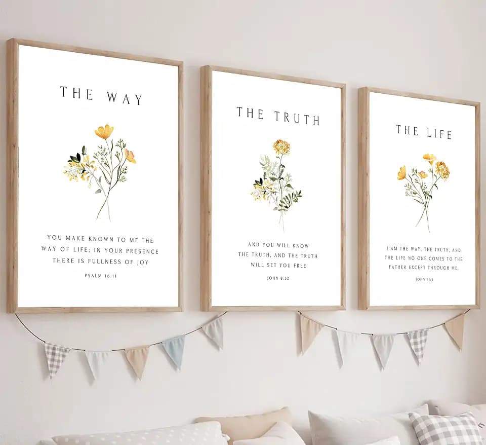 3Pcs Christian Bible Verse Floral Canvas Wall Art PicturesThe Way,The Truth,The Life Posters Prints Minimalist Botanical Painting Scripture Wall Decor for Living Room Bedroom 12x16in Unframed