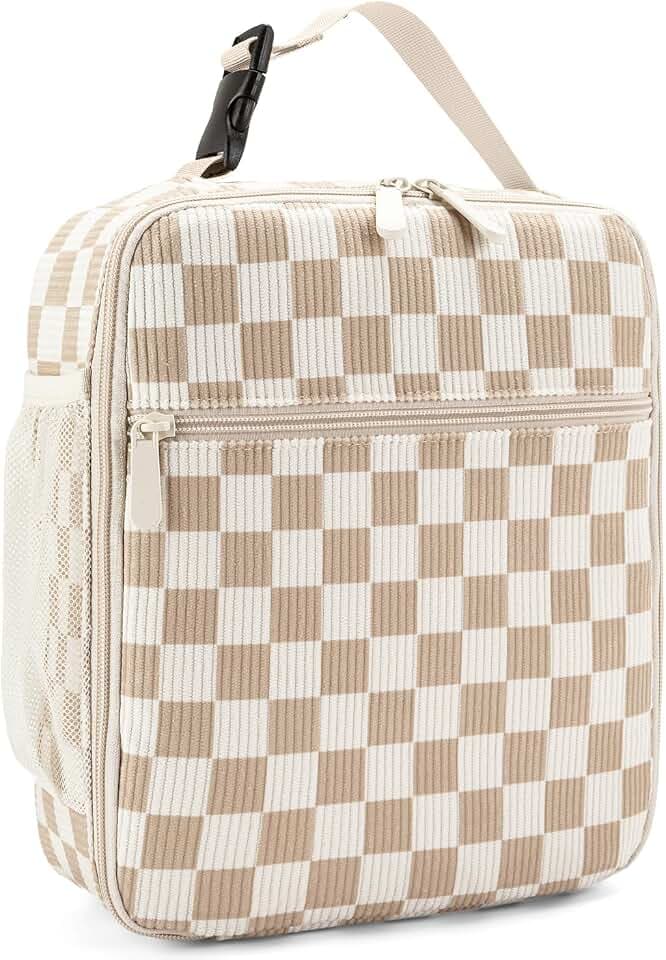 Lunch Box for Women Men Adult Insulated Lunch Bag Women Men Small Reusable Lunchbox for Work Picnic Travel (Beige-Brown Plaid)
