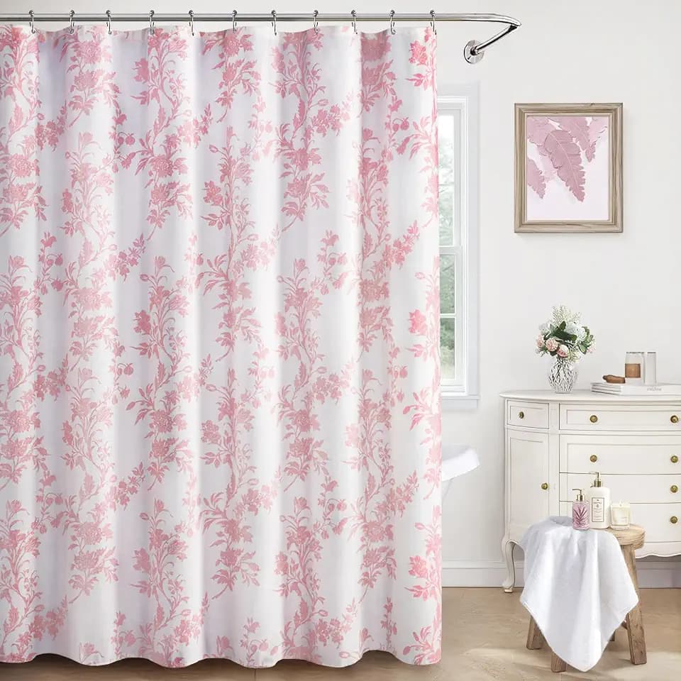 Pink Floral Shower Curtain,Vintage Cotton Cottagecore Shower Curtains for Bathroom, 72" W x 72" L