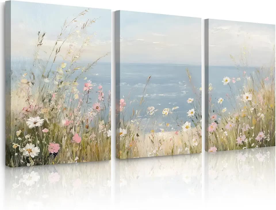 Coastal Wildflower Wall Art Beach Floral Canvas Wall Decor Vintage Coastal Landscape Pictures Ocean Flower Poster Summer Prints Seascape Painting for Living Room Bedroom 12x16x3 Inch Ready to Hang