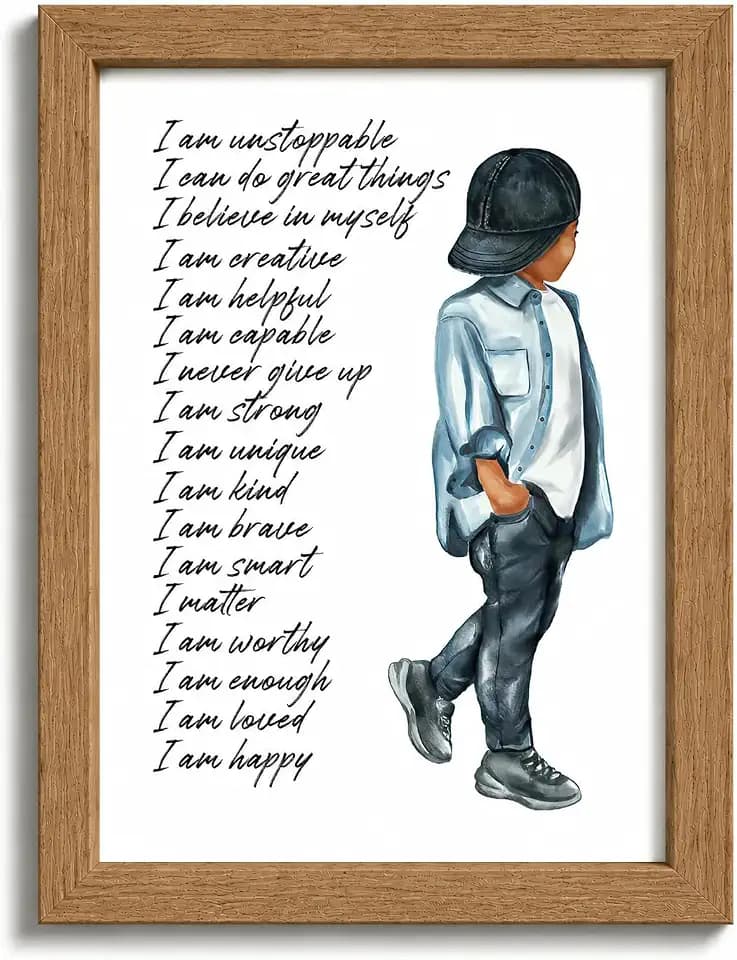 Framed Inspirational Black Boy Wall Art Black Boy Inspiring Wall Decor African American Poster Kids Positive Daily Affirmation Prints Motivational Quotes Painting for Boys Bedroom Playroom 12x16 Inch