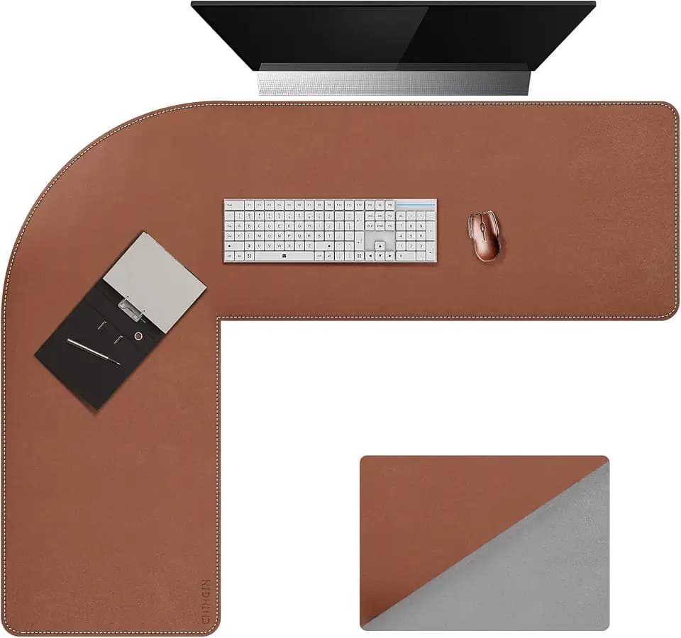 Chihein L-Shaped Desk Pad, Corner Desk Mat (49.2”+ 49.2”) x 15.7”, Computer Office Mouse pad Writing Table Pad for Home Office - Brown/Gray