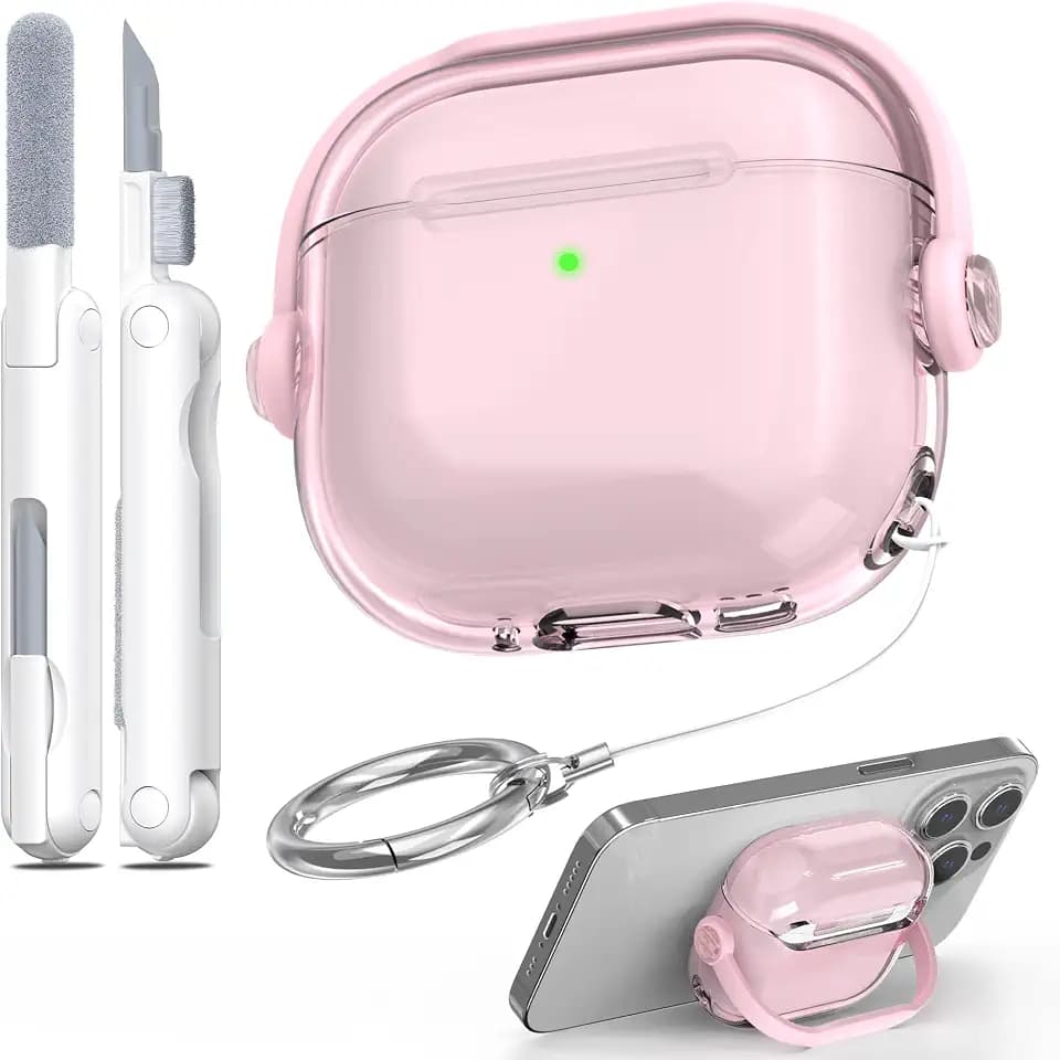 R-fun Schutzhülle für Airpods 4 mit Sicherheitsschloss und Reinigungsset, stoßfeste Schutzhülle für Musik-Headsets und Kopfhörer, kompatibel mit Airpods 4, transparentes Pink