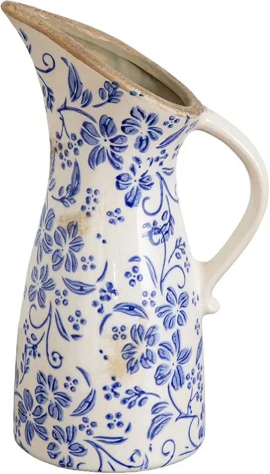 Nearly Natural 10.5 in Floral Tuscan Ceramic Blue Scroll Pitcher Vase