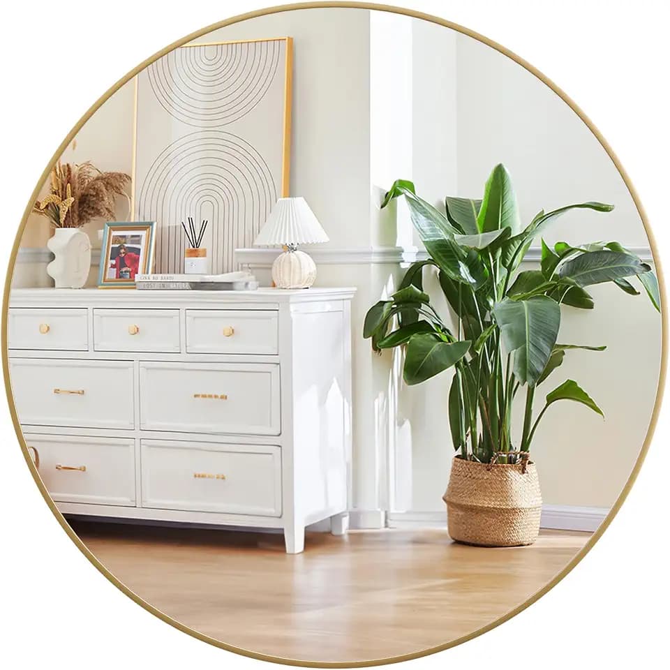 Gold Circle Mirror for Wall 32 Inch, Round Mirror, HD Eco-Friendly Round Bathroom Mirror for Over Sink, Big Matte Gold Metal Framed Mirror for Wall, Vanity, Entryway, Hallway, Easy to Install