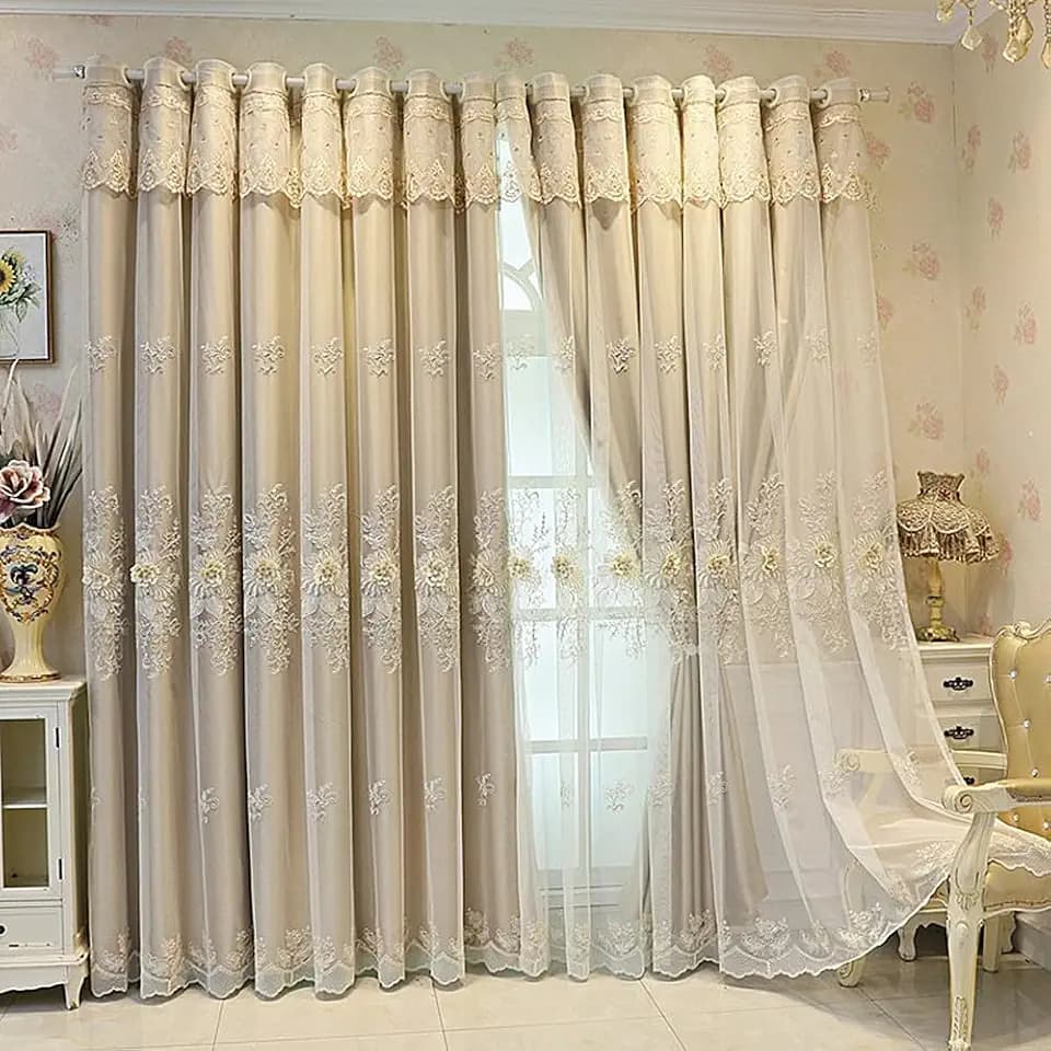 Amidoudou 1 Pair Luxury European Curtains with Valance for Living Room Bedroom Double Layer Embroidered Room Darkening Curtains (Light Brown,51x95 Inch)