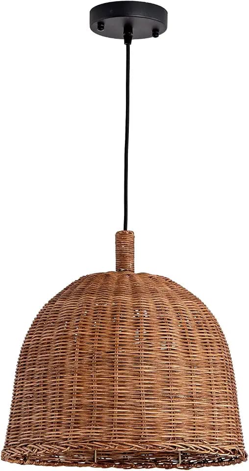 13.8" Rattan Pendant Light,Woven Brown Wicker Chandelier