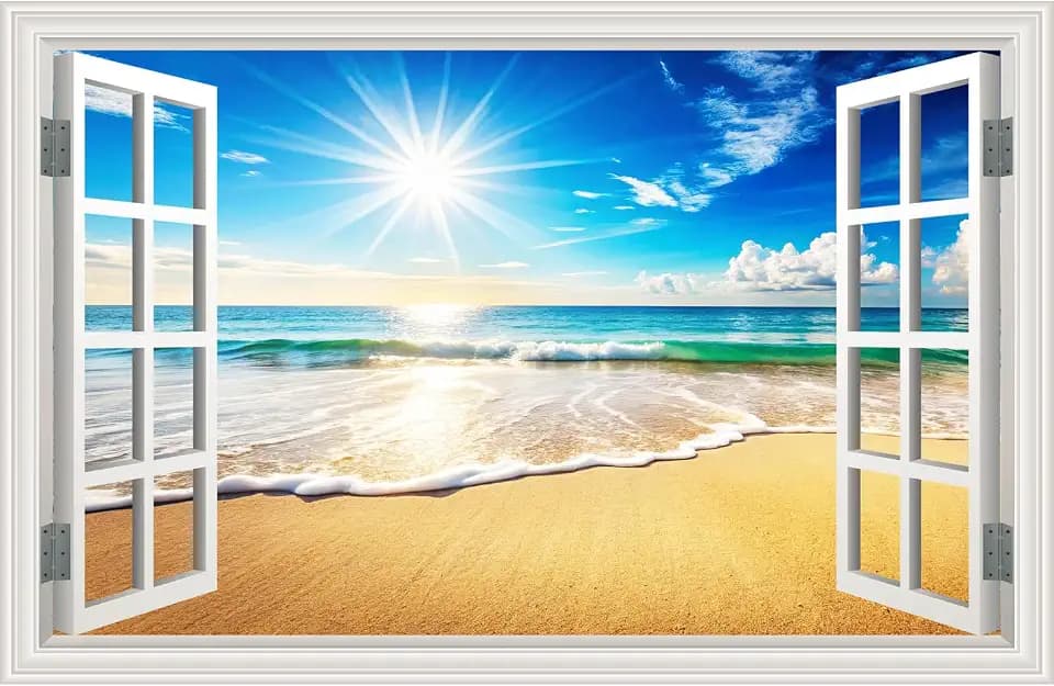 Fake Window Wall Decals Beach Ocean Sea Faux Window Wall Sticker Art Picture Poster Coastal Room Decor, Stick and Peel Landscape Natural Scenery Sunrise Seascape Scene Mural(48"x32")