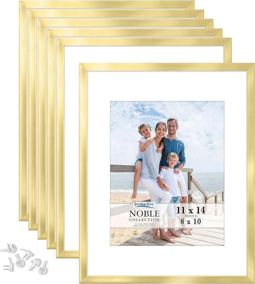 11x14 Picture Frames with Removable Mat for 8x10 Photos - Gold, 6 Pack
