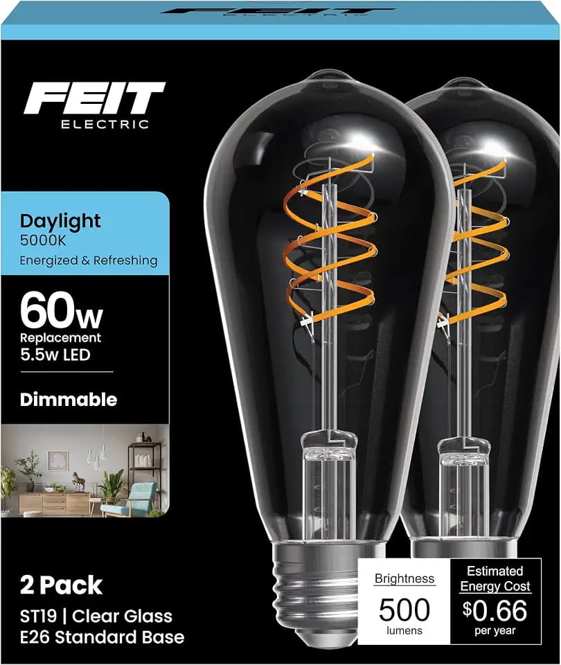 Feit Electric ST19 LED Vintage Light Bulb, 60W Equivalent, 5000K Daylight, Spiral Filament, Dimmable, Decorative Edison Style, Ideal for Fixtures and Home Décor, ST1960S2D/950CAFIL/2, 2 Pack