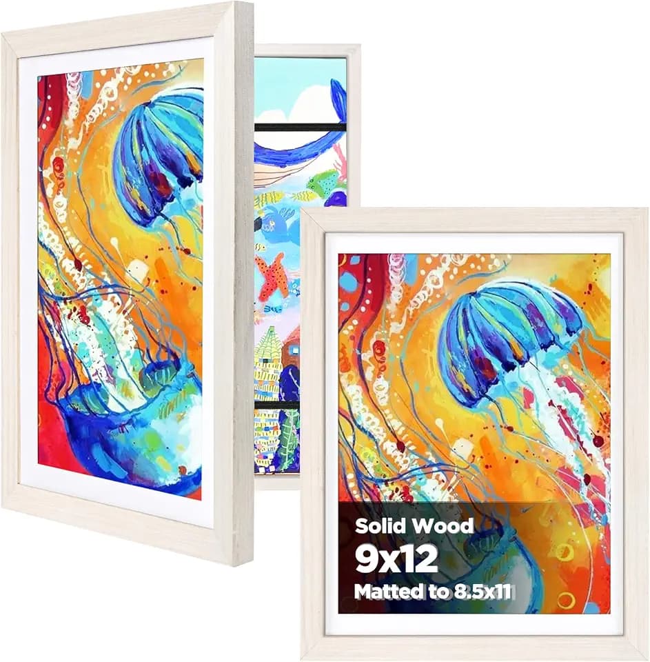 KINLINK 9x12 Kids Art Frame, White Wood Artwork Frames 2 Pack