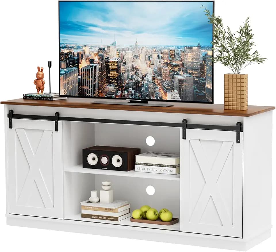 DUMOS TV Stand for 65 Inch Television, Entertainment Center with Storage Shelves, Mid Century Modern Media TV Console Table for Bedroom Living Room, Office Furniture, White