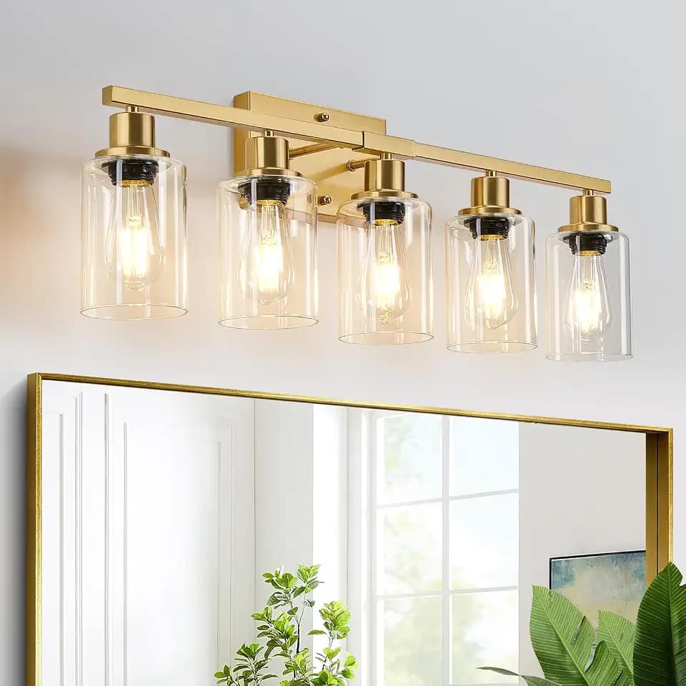 MOKATNG 5-Light Bathroom Light Fixtures, Vanity Light with Clear Glass Shades, Brushed Gold Bathroom Light Fixtures Over Mirror, Modern Bathroom Wall Lamp for Mirror Living Room Cabinet Bedroom
